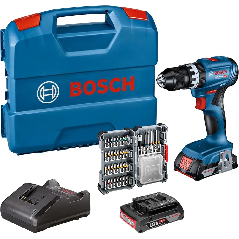 Bosch Professional 18V System perceuse-visseuse à percussion sans-fil GSB 18V-45 (vitesse de rotation de 1 900 tr/min, 2 batteries de 2,0 Ah, accessoires, GAL 18V-20, L-Case) - Amazon Exclusive : Bricolage