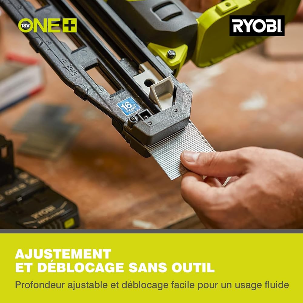 RYOBI - Cloueur de finition 16G à air comprimé 18V - pointe de 19 à 64 mm - tête 1,6 mm - chargeur 100 pointes - Livré avec 500 pointes et 2 embouts de protection des matériaux - R16GN18-0 : Bricolage