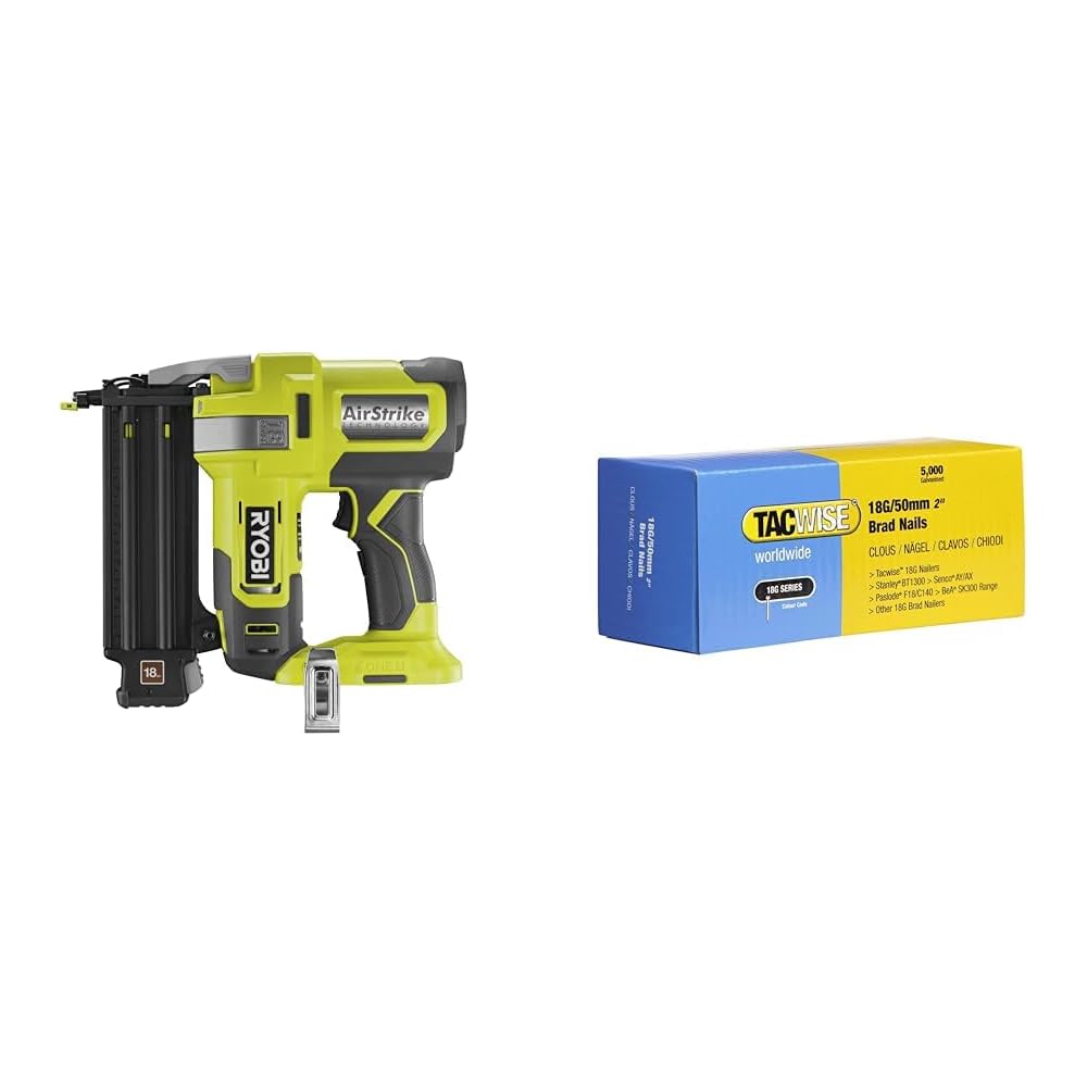 RYOBI - Cloueur d'Assemblage 18G à Air Comprimé 18V ONE+ pour Tirer des Clous de 15 à 50 mm &amp; Tacwise 0401 Boîte de 5000 clous 18G/50 mm, Argent : Bricolage