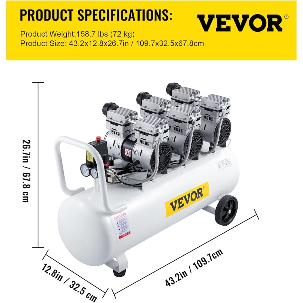 VEVOR Compresseur d’Air sans Huile Compresseur Silencieux à Air Comprimé Compresseur Outil d’Atelier pour Réparations Domiciliaires, Gonflage de Pneus (100L 2.2KW, Électrovanne) : Bricolage