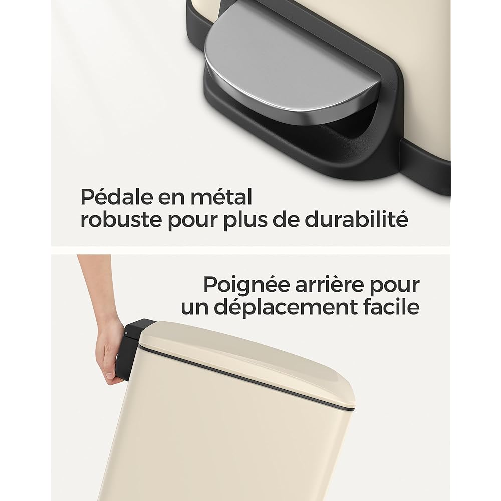 SONGMICS Poubelle de Cuisine 48L, Poubelle à Pédale, Fine, pour Petits Espaces, Couvercle à Fermeture en Douceur, avec Seau Intérieur, en Acier, 15 Sacs Poubelle Inclus, Beige Sable LTB510A02 : Cuisine et Maison