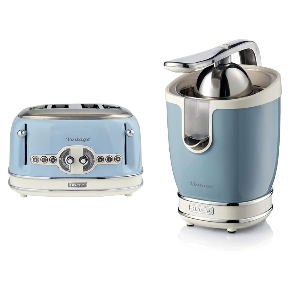 Ariete 156 Grille-pain design Vintage 4 tranches, sans pince, 1600 watts, 6 niveaux de grillage &amp; 413 Presse-agrumes vintage électrique avec levier, 2 cônes pour fruits grands et petits, bleu ciel : Cuisine et Maison