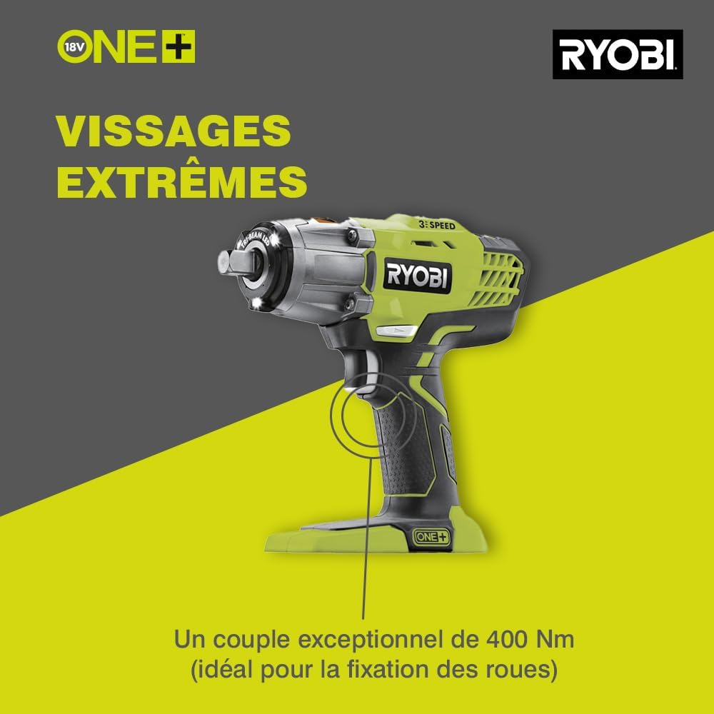 RYOBI - Boulonneuse Électrique Sans Fil 18V ONE+ 400 Nm - Clé à Chocs 3 Vitesses et 3 Couples - Fixation Carrée 1/2" et Adaptateur Hexagonal 1/4" - Inverseur de Rotation - R18IW3-0 : Bricolage