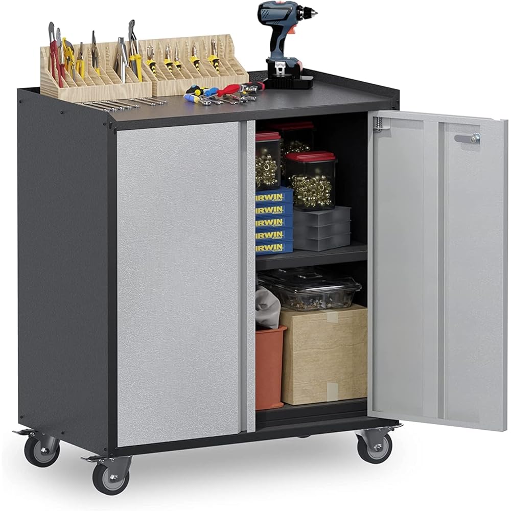 Supeer Armoire à outils avec roues,  en métal,  avec 2 portes et étagères réglables