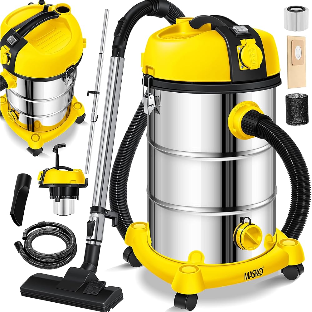 Masko® Aspirateur Industriel Aspirateur Eau et poussière aspirateur Acier Inoxydable 2 300 W + Prise électrique Fonction soufflage Aspiration à Sec et Aspiration de l'eau | Push&amp;Clean, Jaune : Cuisine et Maison
