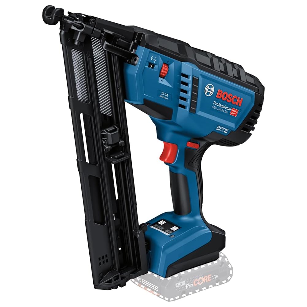 Bosch Professional 18V System cloueur à bois sans-fil GNH 18V-64 MD (modes coup par coup/rafale, clous utilisables : 32-64 mm, 15 ga (1,8 mm), inclinaison du chargeur 34°, sans batterie ni chargeur) : Jardin