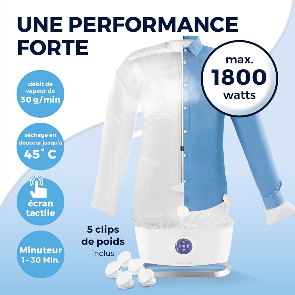 CLEANmaxx Repasseur Automatique de Chemises Pro Steam + Accessoire pour Pantalons | Fonction Vapeur, écran Tactile | pour Chemises &amp; Chemisiers | Réduit Les odeurs, désinfecte, Lisse, rafraîchit : Cuisine et Maison