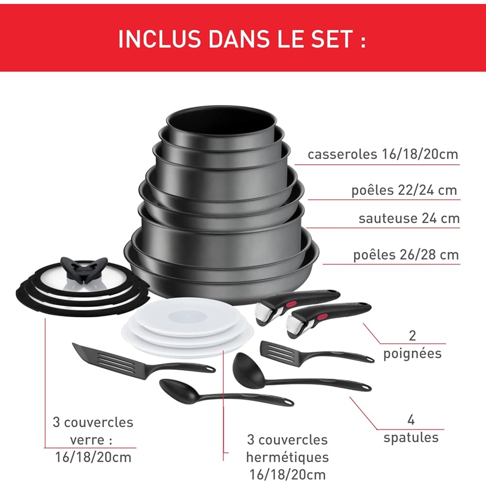Tefal Ingenio Batterie de cuisine 20 p, Poêles, Casseroles, Induction, Revêtement antiadhésif résistant, Empilable, Compatible lave-vaisselle, Fabriqué en France, Daily Chef On L7619402 : Cuisine et Maison