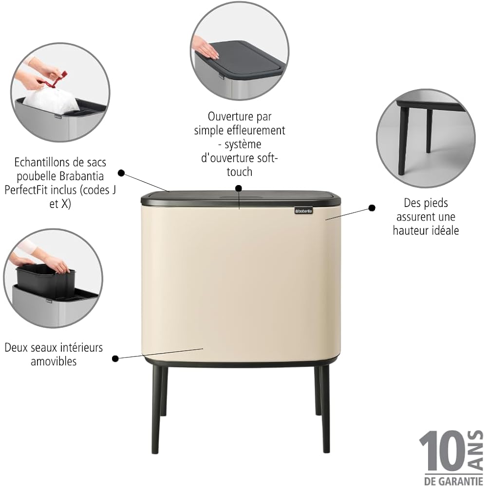 Brabantia - Bo Touch Bin 23+11L - Double Poubelle de Recyclage pour la Cuisine - Ouverture Soft-Touch - Seau Intérieur Amovible - Antidérapant - Sacs Poubelles Inclus - Soft Beige - 54 x 31 x 68 cm : Cuisine et Maison