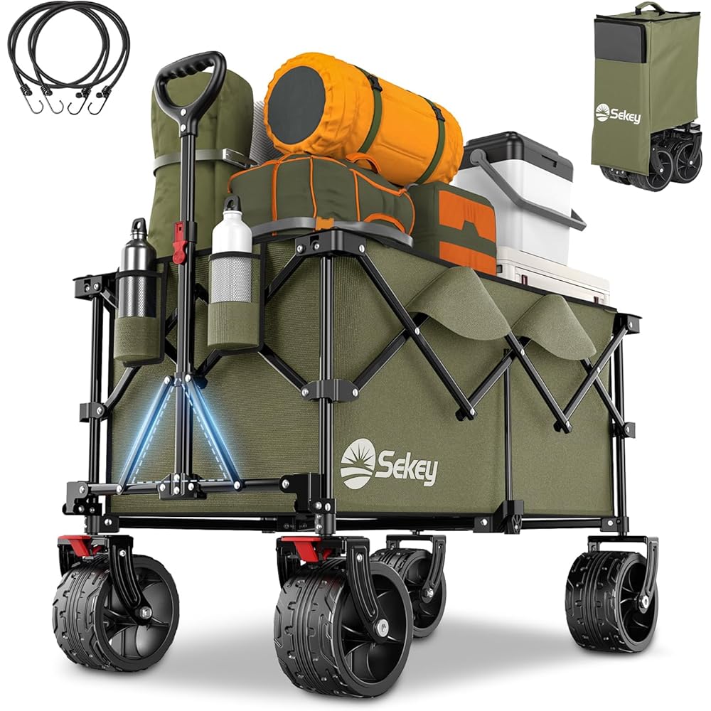 Sekey XXL Plus Chariot de Jardin Pliable avec Freins 200L 150KG, Chariot de Transport Tout-Terrain avec Roues Extra Larges 17x10 cm, Pliable Breveté dans Quatre Directions SE4011, Vert Olive : Jardin